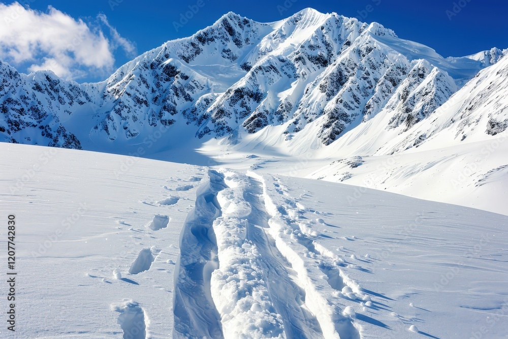 A stunning winter landscape showcasing snow-covered mountains under a bright blue sky, with visible tracks leading through the pristine snow. A stunning winter landscape showcasing snow-covered mountains under a bright blue sky, with visible tracks leading through the pristine snow.