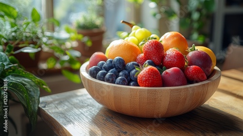 Freshly picked fruits arranged in a bowl on a wooden table in a sunny kitchen...
