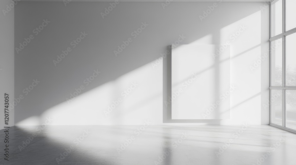 Obraz premium Bright Minimalist Dining Room Interior Featuring White Walls and Angular Natural Light Casting Shadows on a Light Gray Floor