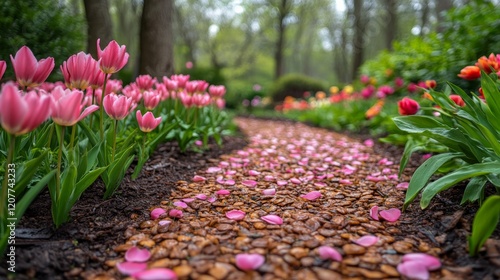 Pathway lined with colorful flowers creates a serene garden atmosphere during...