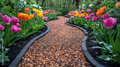 Pathway lined with colorful flowers creates a serene garden atmosphere during...