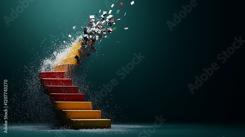 Crumbling staircase, progress disruption, abstract background, concept art, business failure