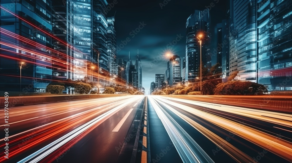 Light trails on the modern building background. Light trails at night in urban environment, Abstract Motion Blur City, traffic, transportation, street, road, speed