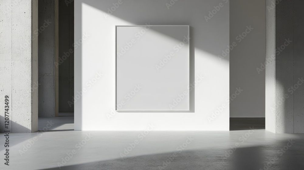 Minimalist home interior with a blank white frame on a concrete wall illuminated by natural light in a spacious, modern setting Minimalist home interior with a blank white frame on a concrete wall illuminated by natural light in a spacious, modern setting