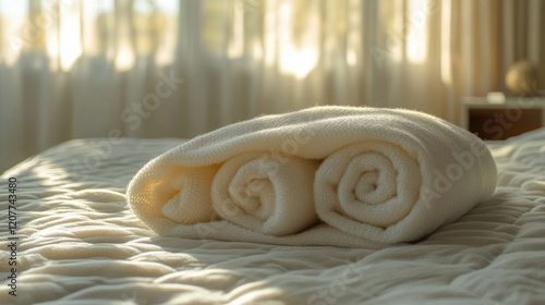 Cozy rolled towels on a bed capturing warm sunlight in a serene indoor setting