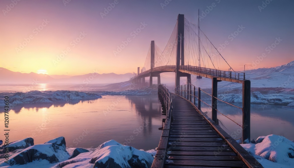 Fototapeta premium Bridge over the bay with an icy landscape and a misty dawn, icy landscape, soft light, peaceful scene