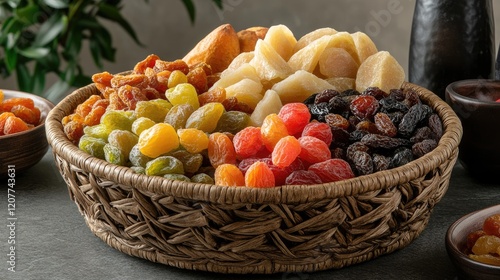 Basket of assorted Mediterranean dried and fresh fruits elegantly arranged showcasing vibrant colors and textures for culinary inspirations photo