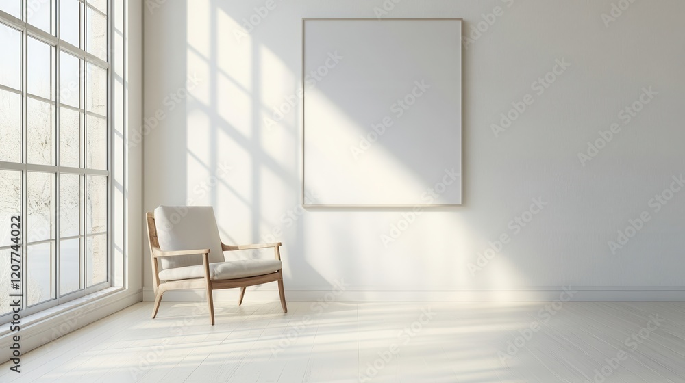 Fototapeta premium Bright living room interior featuring comfortable armchairs and a decorative drawer, with a blank wall ideal for mockups, showcasing a cheerful and inviting space.