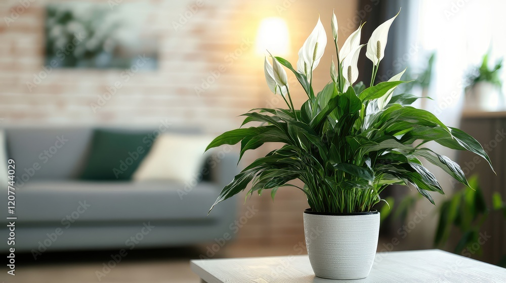Modern Living Room Setup with Potted Green Plants and Soft Lighting in a Neutral Color Palette Modern Living Room Setup with Potted Green Plants and Soft Lighting in a Neutral Color Palette