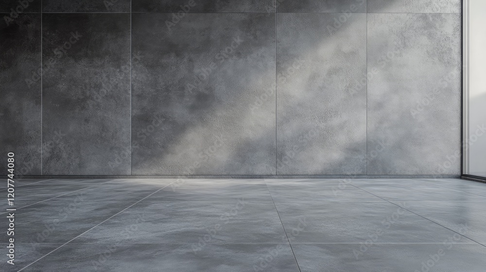 Minimalist Interior Space Featuring Gray Concrete Wall and Floor with Soft Natural Light Streaming Through a Large Window Minimalist Interior Space Featuring Gray Concrete Wall and Floor with Soft Natural Light Streaming Through a Large Window