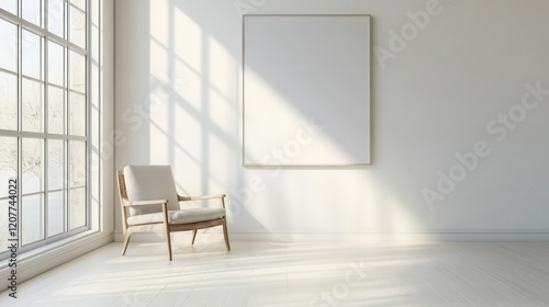 Bright living room interior featuring comfortable armchairs and a decorative drawer, with a blank wall ideal for mockups, showcasing a cheerful and inviting space. photo