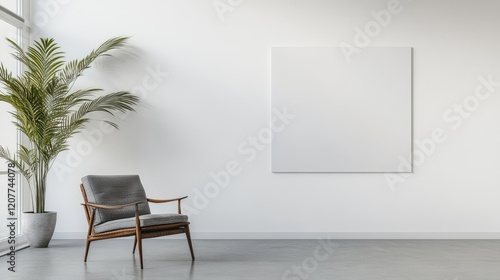 Bright living room interior featuring comfortable armchairs and a decorative drawer, with a blank wall ideal for mockups, showcasing a cheerful and inviting space. photo