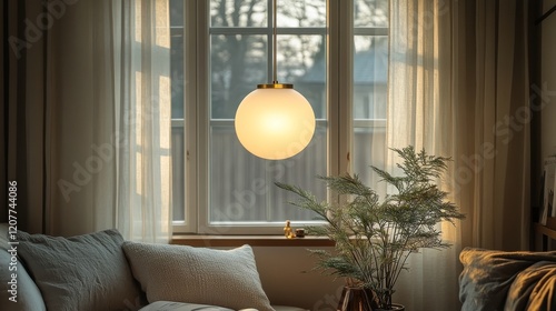Cozy living room with elegant couch and warm pendant light in a tranquil setting
