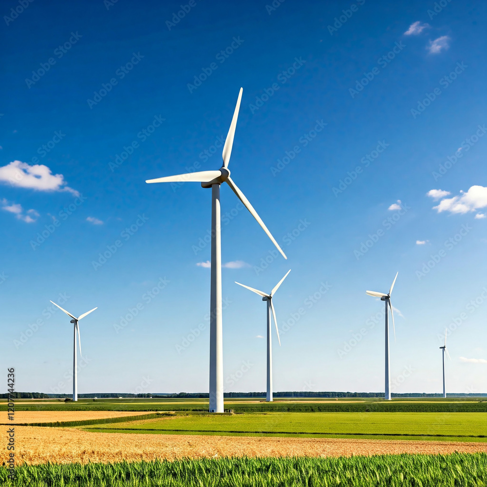 wind turbines in the field under blue sky. wind turbines generating for the production of green energy in the sun. wind turbines in the field under blue sky. wind turbines generating for the production of green energy in the sun.
