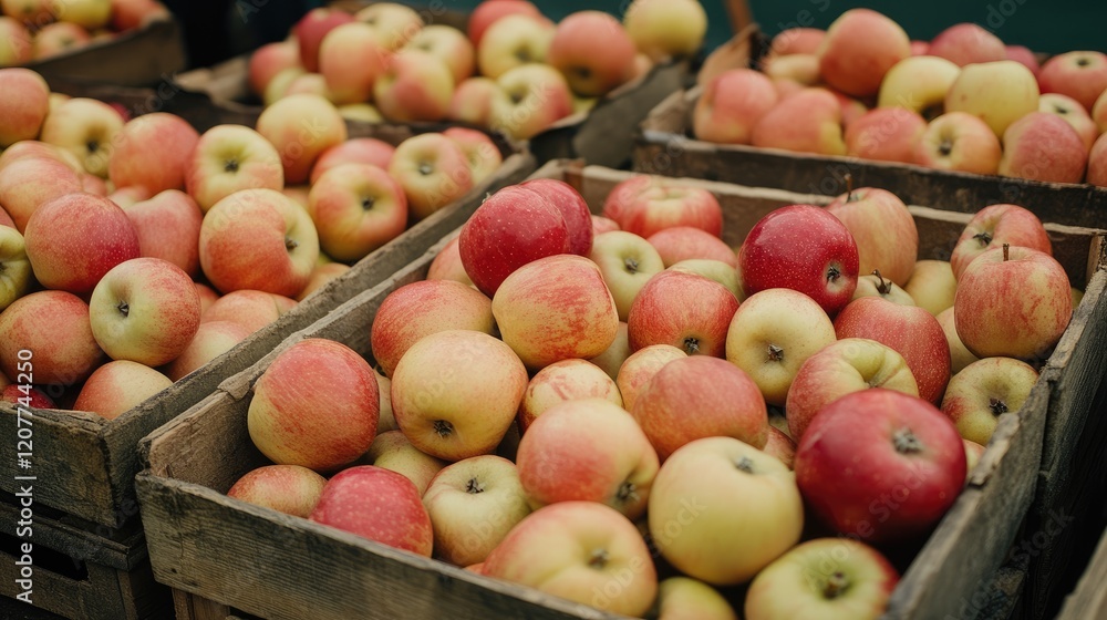 Freshly harvested apples in wooden crates showcasing vibrant colors and textures in a rustic market setting. Freshly harvested apples in wooden crates showcasing vibrant colors and textures in a rustic market setting.