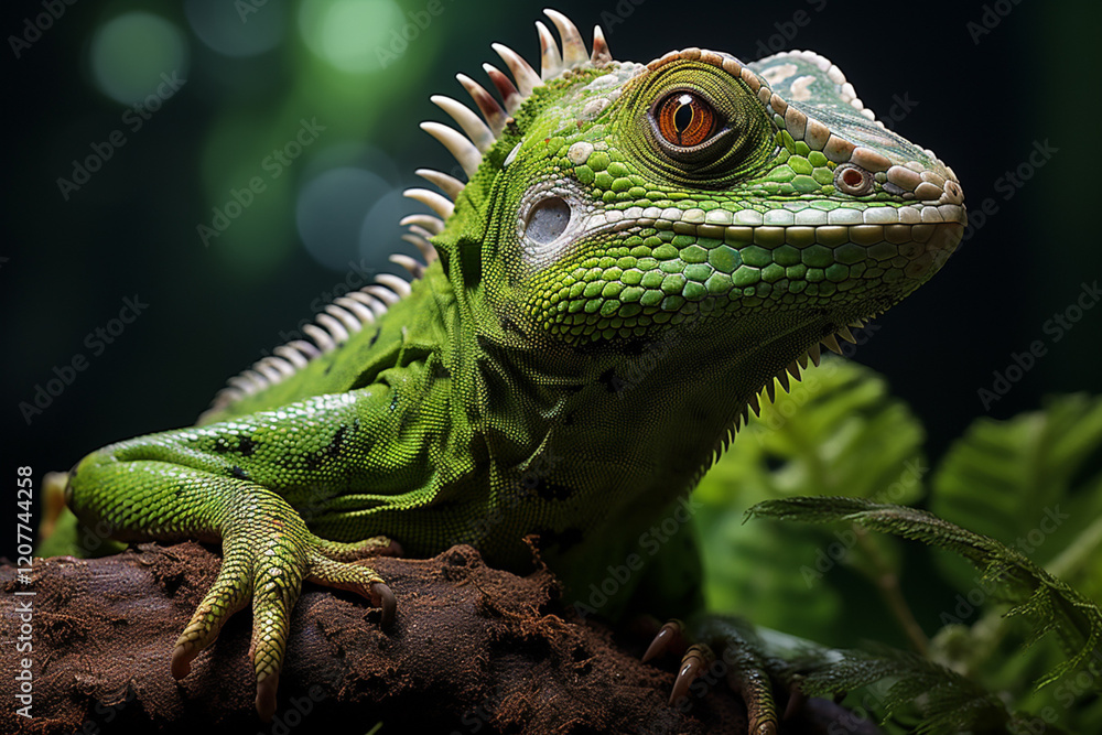green lizard to crest close-up portrait. Generative AI green lizard to crest close-up portrait. Generative AI