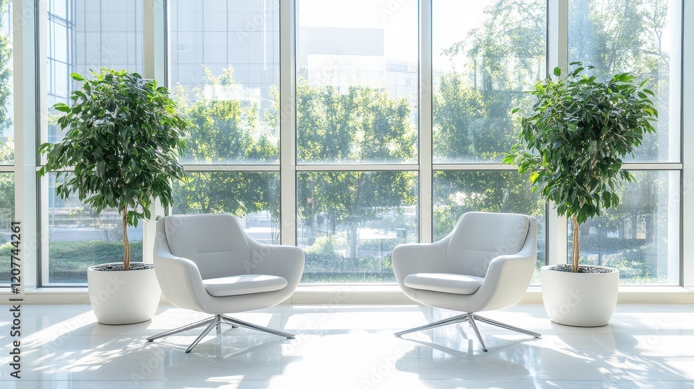 Fototapeta premium Bright waiting room interior featuring two comfortable armchairs positioned near a large panoramic window, creating a welcoming and airy atmosphere.