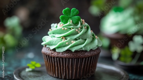 Delicious mint green cupcake decorated with sprinkles and a clover placed on ...