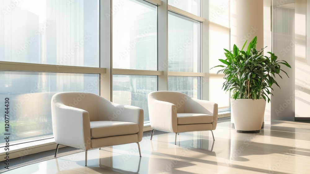 Fototapeta premium Bright waiting room interior featuring two comfortable armchairs positioned near a large panoramic window, creating a welcoming and airy atmosphere.