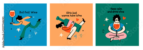 Groovy hand drawn cards with wine bottle and wine glass illustrations with funny quotes . Art for greeting cards, wedding invitations, poster design, postcards, branding, logo design, background.