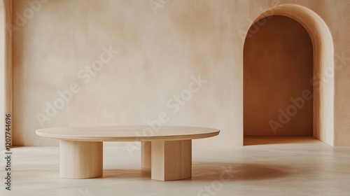 Minimalist wooden furniture in warm beige tones with Mediterranean decor elements in a stylish empty interior space for product display