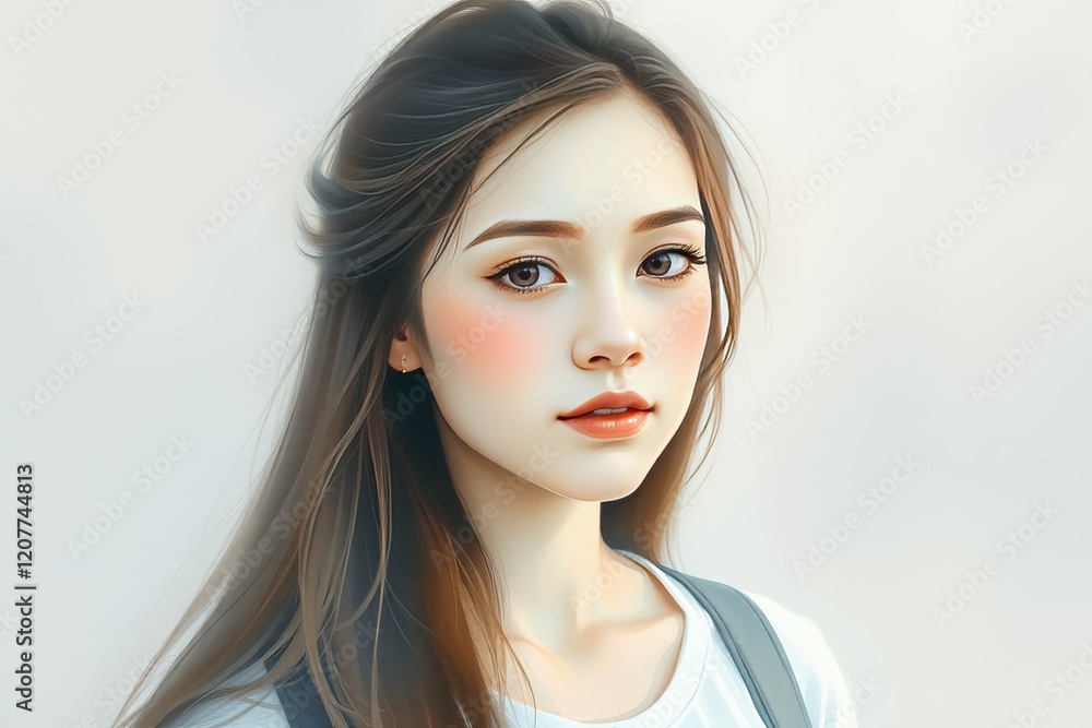 Fototapeta premium A young woman with radiant skin and long hair stands confidently, embodying the spirit of youth and education. She reflects a vibrant and dedicated student lifestyle