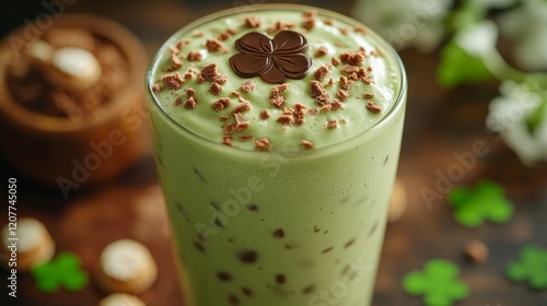 Creamy green herbal drink topped with chocolate and crunch at a cozy cafe