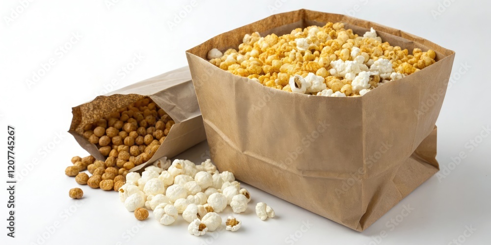 Brown paper bag filled with a mix of crunchy golden kernels and puffed white popcorn, brown paper bag, homemade treats Brown paper bag filled with a mix of crunchy golden kernels and puffed white popcorn, brown paper bag, homemade treats