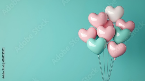 Pastel heart-shaped balloons floating on turquoise background with copy space