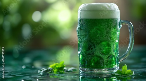 Green beer served in a glass mug surrounded by decorative shamrocks in a fest...