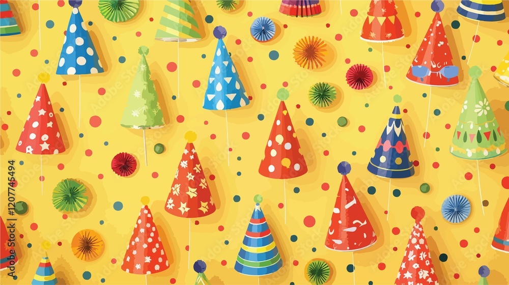 Vibrant Party Hats and Festive Items on Yellow Background Vibrant Party Hats and Festive Items on Yellow Background