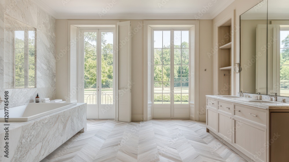 Obraz premium The bright bathroom features large windows that allow natural light to flood the space, highlighting the elegant marble walls and herringbone wood floor.