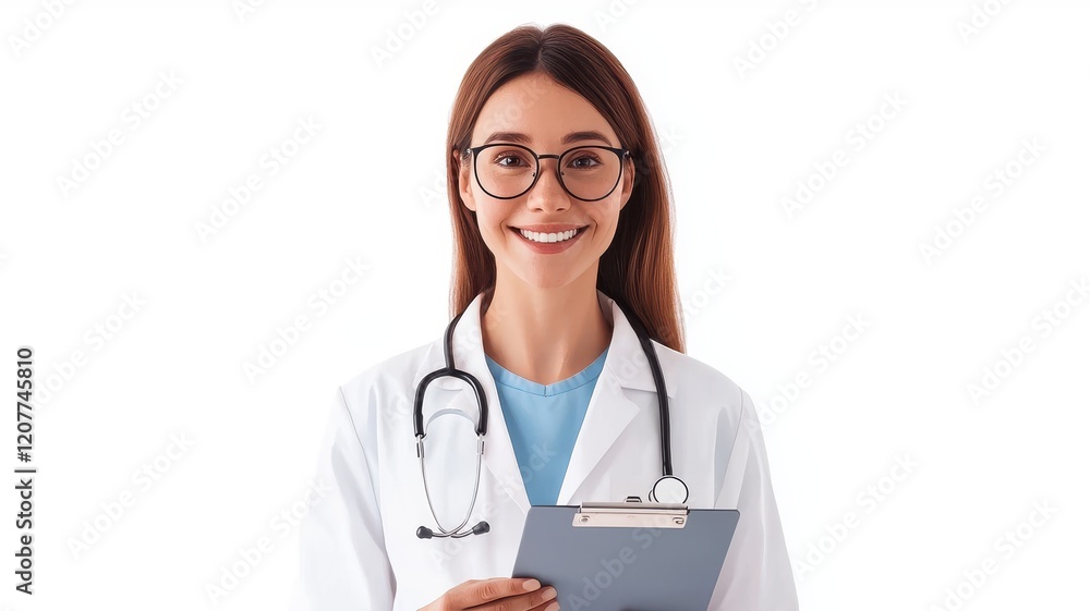 A friendly female doctor in a white coat holds a clipboard, smiling confidently, embodying professionalism and care in the medical field. A friendly female doctor in a white coat holds a clipboard, smiling confidently, embodying professionalism and care in the medical field.