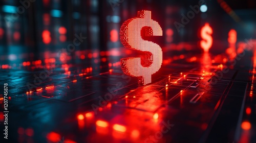 Digital dollar sign glowing on a high-tech circuit board in a futuristic envi...