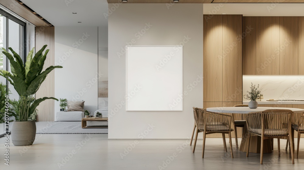 Fototapeta premium The bright dining and living room interior features a spacious, well-lit area with a clean design.