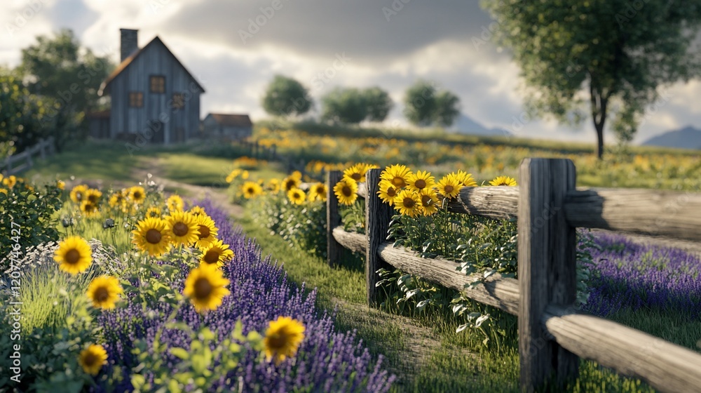 Fototapeta premium Sunflowers and Lavender by a Rustic Farmhouse