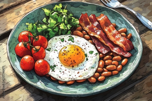 Breakfast plate with fried egg, bacon, tomatoes, and beans served on a rustic...