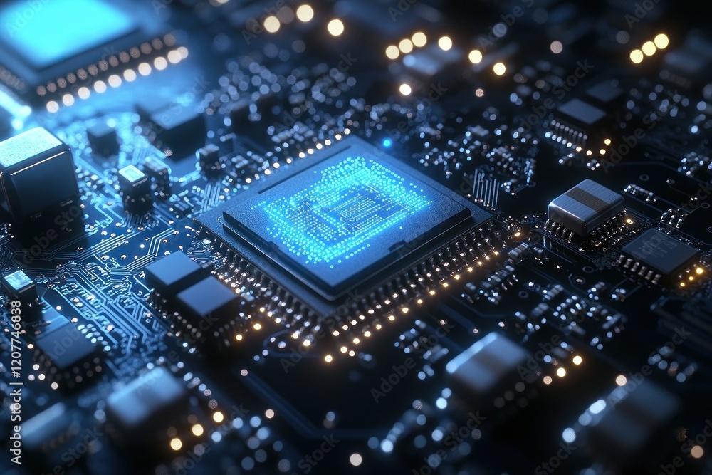 Close-up of a Futuristic Microchip on a Circuit Board with Glowing Elements Close-up of a Futuristic Microchip on a Circuit Board with Glowing Elements