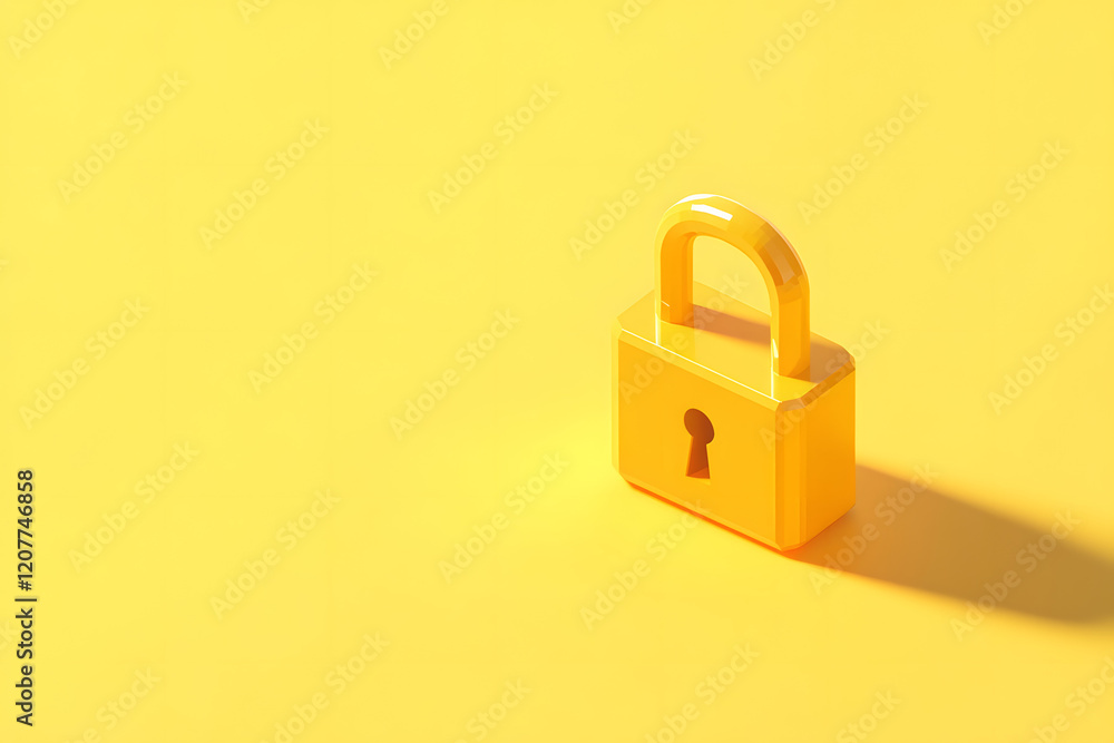 A golden padlock on a yellow background, in an isometric angle, 3D rendering, with a simple and clean design, high resolution, professional photography, studio lighting A golden padlock on a yellow background, in an isometric angle, 3D rendering, with a simple and clean design, high resolution, professional photography, studio lighting