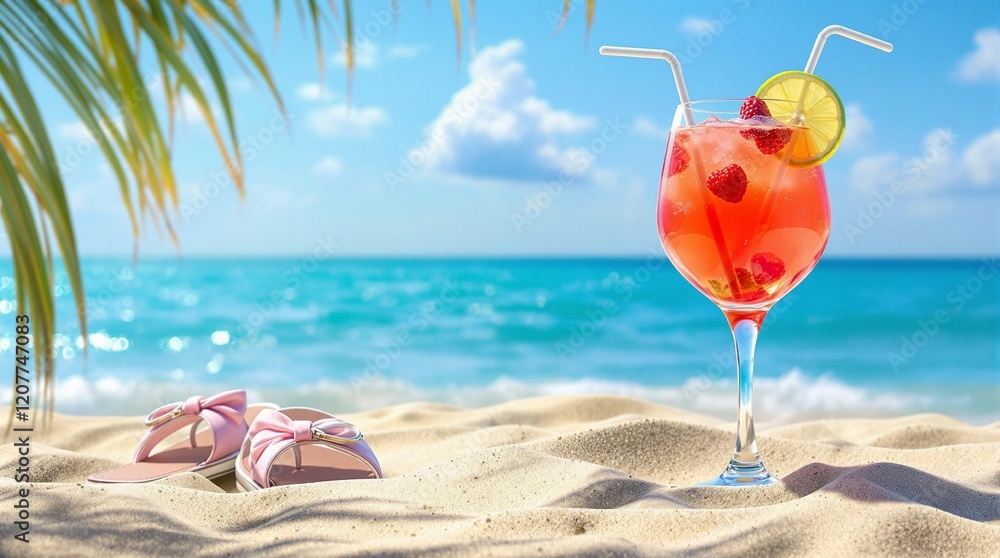 A tropical beach scene shows a glass of colorful drink with a straw and lime wedge, a seashell, and palm fronds in the foreground, and the ocean in the background. A tropical beach scene shows a glass of colorful drink with a straw and lime wedge, a seashell, and palm fronds in the foreground, and the ocean in the background.