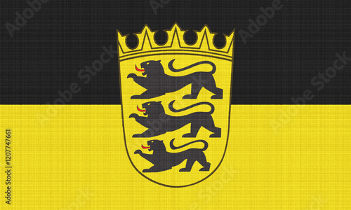 Lesser coat of arms of Baden-Wurttemberg on the national flag of Baden. Conceptual collage on fabric texture.