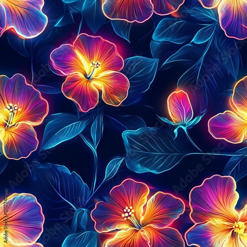 Wallpaper Mural Seamless Pattern - Vibrant neon hibiscus flowers and leaves Torontodigital.ca
