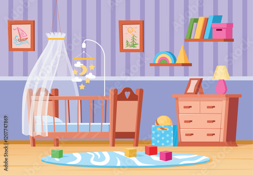 Baby cot room. Nursery bedroom interior with dresser and crib bed for newborn sleep, child home furniture kid play cute childish decoration, cartoon flat tidy vector illustration