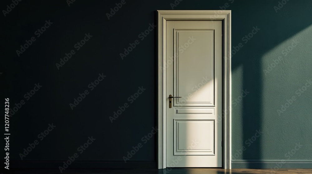 Isolated White Door on Dark Green Wall with Shadows in Dimly Lit Room Minimalist Interior Conceptual Photography Isolated White Door on Dark Green Wall with Shadows in Dimly Lit Room Minimalist Interior Conceptual Photography