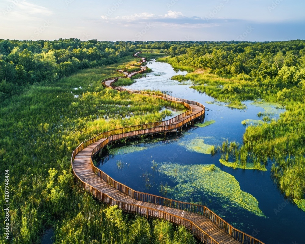 Fototapeta premium Serene Aerial View of Curved Wooden Pathway Through Lush Wetlands