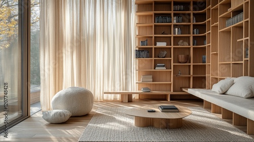 Stylish modern bookshelf with decorative plants and books in a cozy interior ...