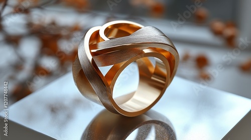 Elegant golden ring displayed on a circular marble surface in modern lighting