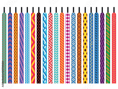 Patterned shoelaces. Fashion shoe lace set, sportswear string footwear stylish pore stripe textile trendy cord lacing tie sneaker boot twist foot cable tidy vector illustration