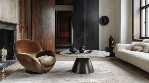 Cozy modern living room with stylish furniture and natural light from large w...