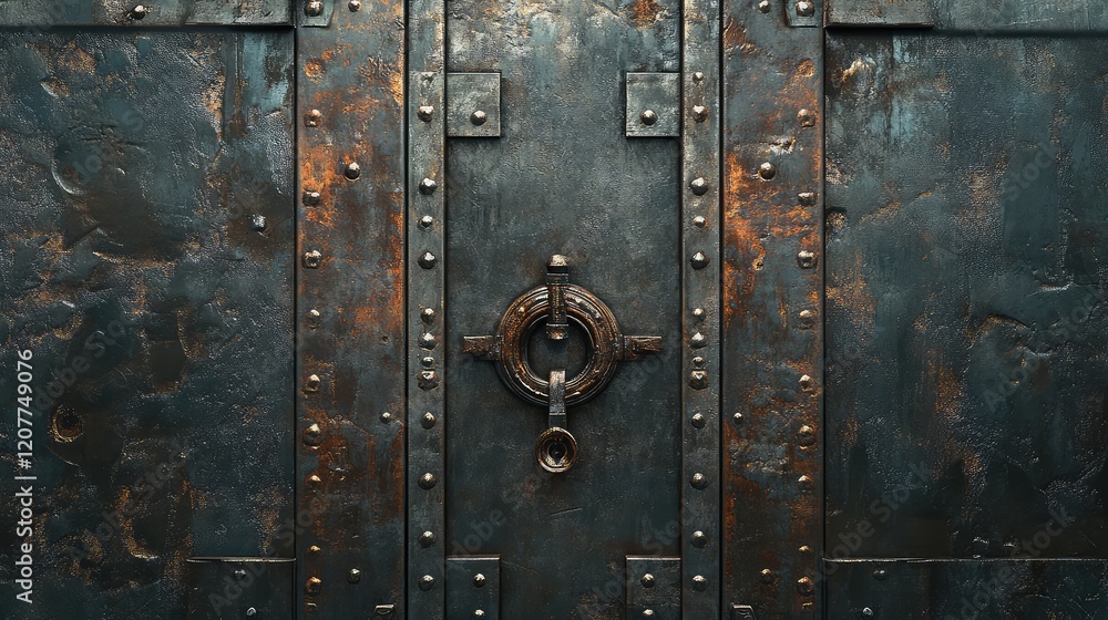 Fototapeta premium Rustic weathered metallic door featuring an ornate handle and keyhole, set against a textured dark steel surface with warm copper accents.